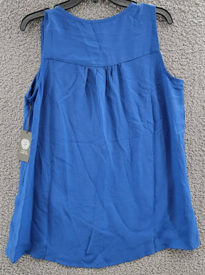 VINCE CAMUTO Sleeveless Tulip Hem Top Women's M Sapphire Blue Split Crewneck Tie