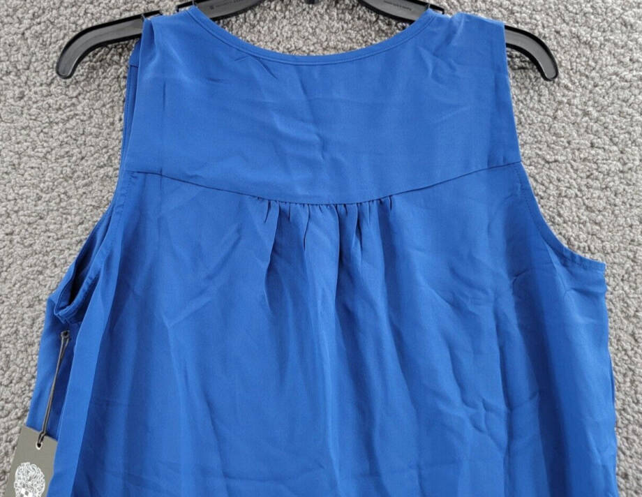 VINCE CAMUTO Sleeveless Tulip Hem Top Women's M Sapphire Blue Split Crewneck Tie