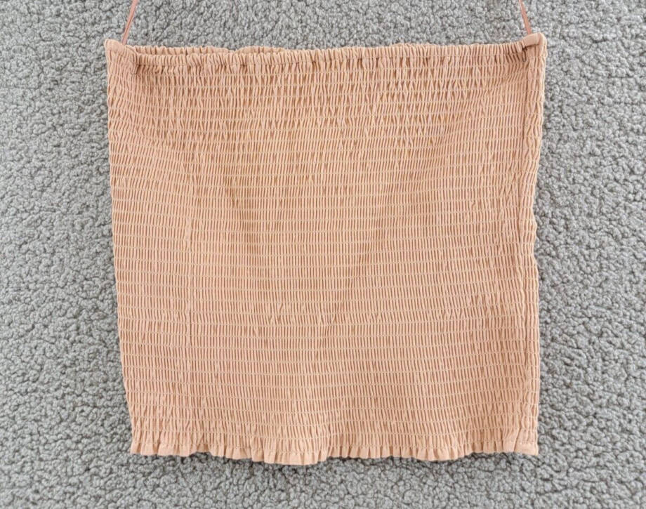 WAYF Kelli Smocked Tube Top Women's L Sand Solid Strapless Neck Stretch Pullover