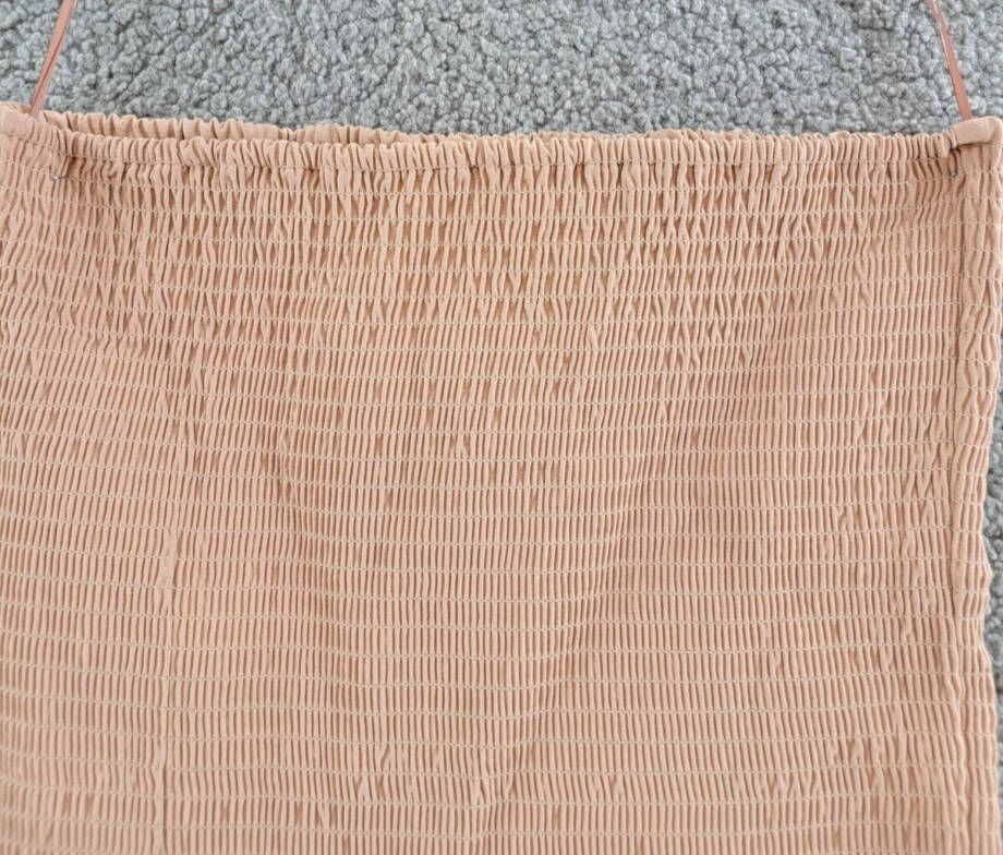 WAYF Kelli Smocked Tube Top Women's L Sand Solid Strapless Neck Stretch Pullover