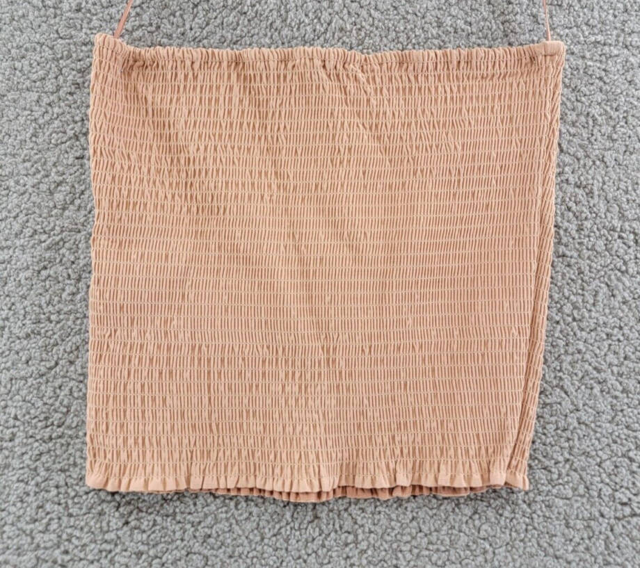 WAYF Kelli Smocked Tube Top Women's L Sand Solid Strapless Neck Stretch Pullover