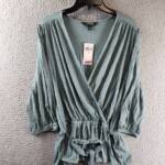 Lauren Ralph Lauren Shanetta Jersey Peplum Top Women's M Teal V-Neck 3/4 Sleeve