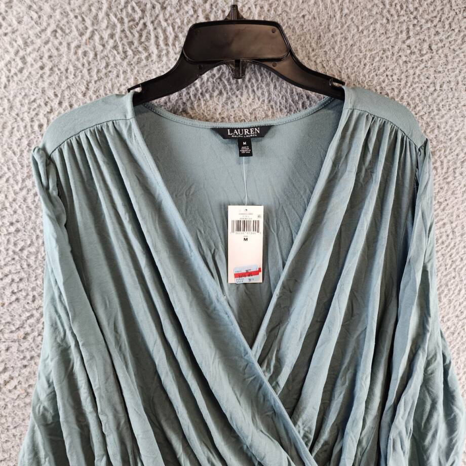 Lauren Ralph Lauren Shanetta Jersey Peplum Top Women's M Teal V-Neck 3/4 Sleeve