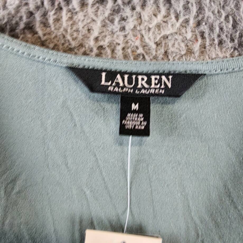 Lauren Ralph Lauren Shanetta Jersey Peplum Top Women's M Teal V-Neck 3/4 Sleeve