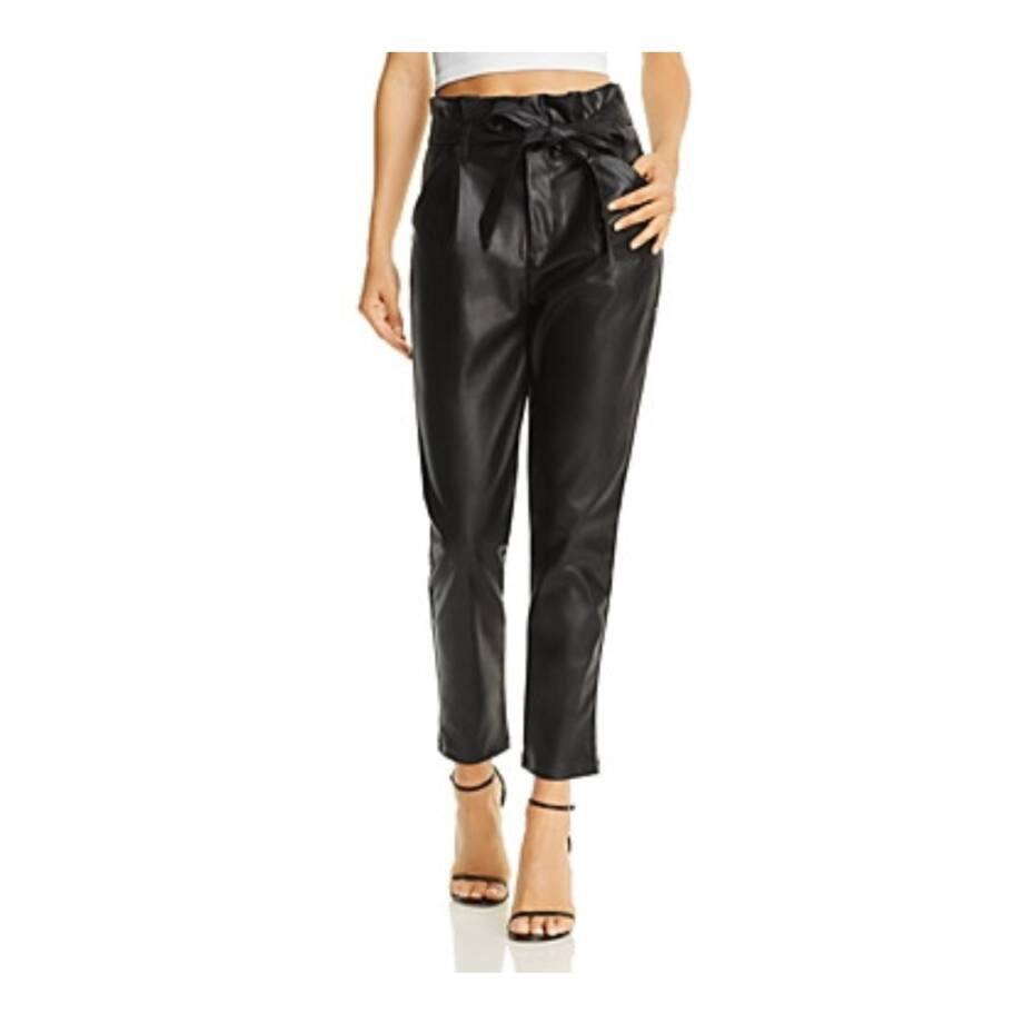 Lucy Paris Faux Leather Paperbag-Waist Pants Women's L Black Solid Side Pocket
