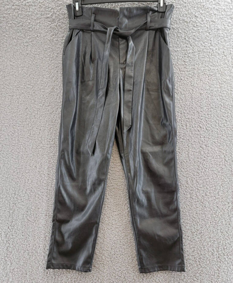 Lucy Paris Faux Leather Paperbag-Waist Pants Women's L Black Solid Side Pocket