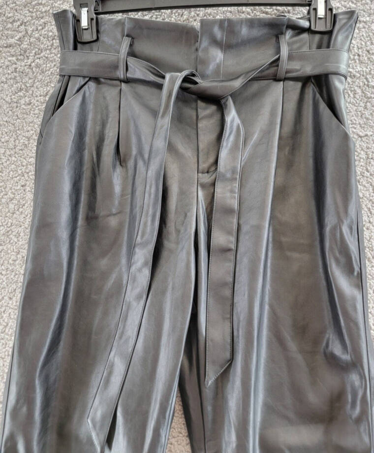 Lucy Paris Faux Leather Paperbag-Waist Pants Women's L Black Solid Side Pocket