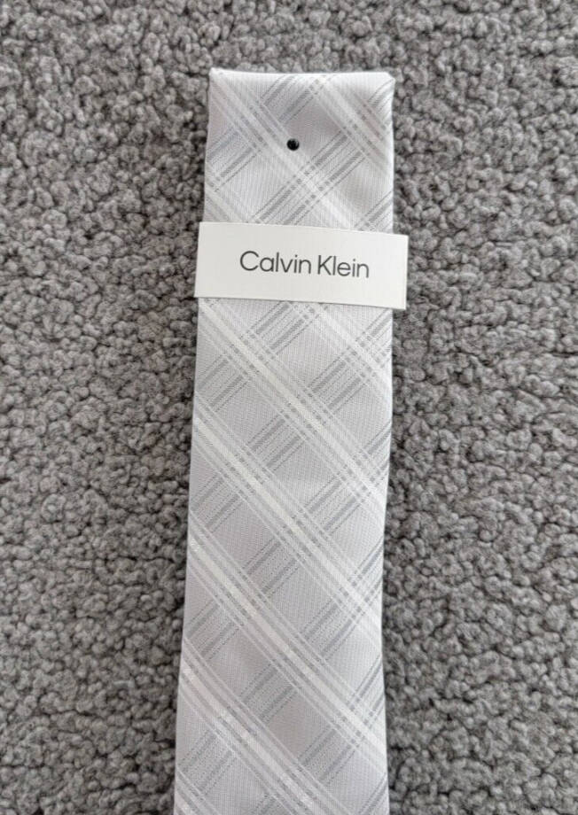 Calvin Klein Frosted Plaid Tie Men's One Size Silver Slim Design Pointed Style