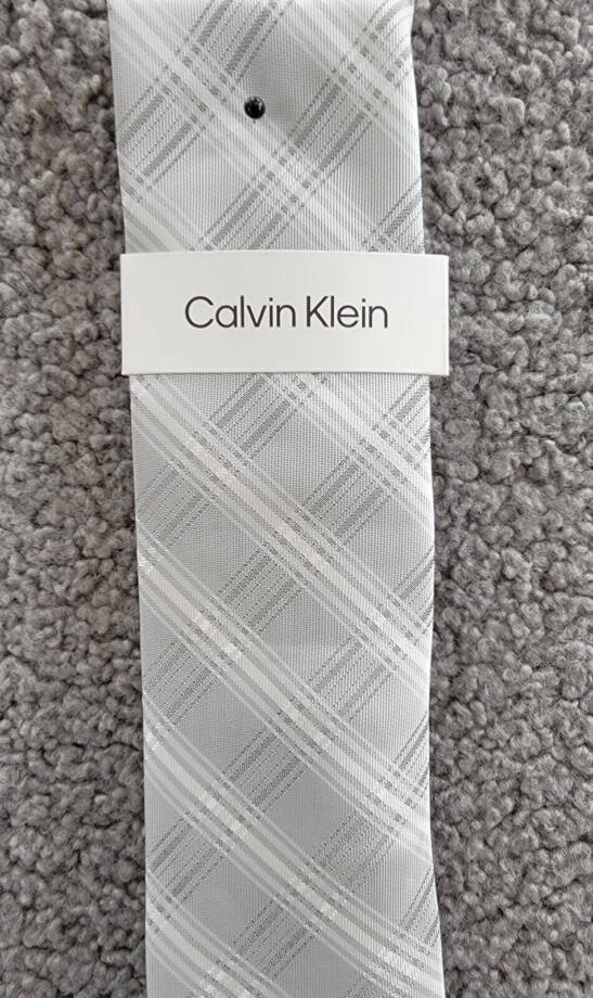 Calvin Klein Frosted Plaid Tie Men's One Size Silver Slim Design Pointed Style