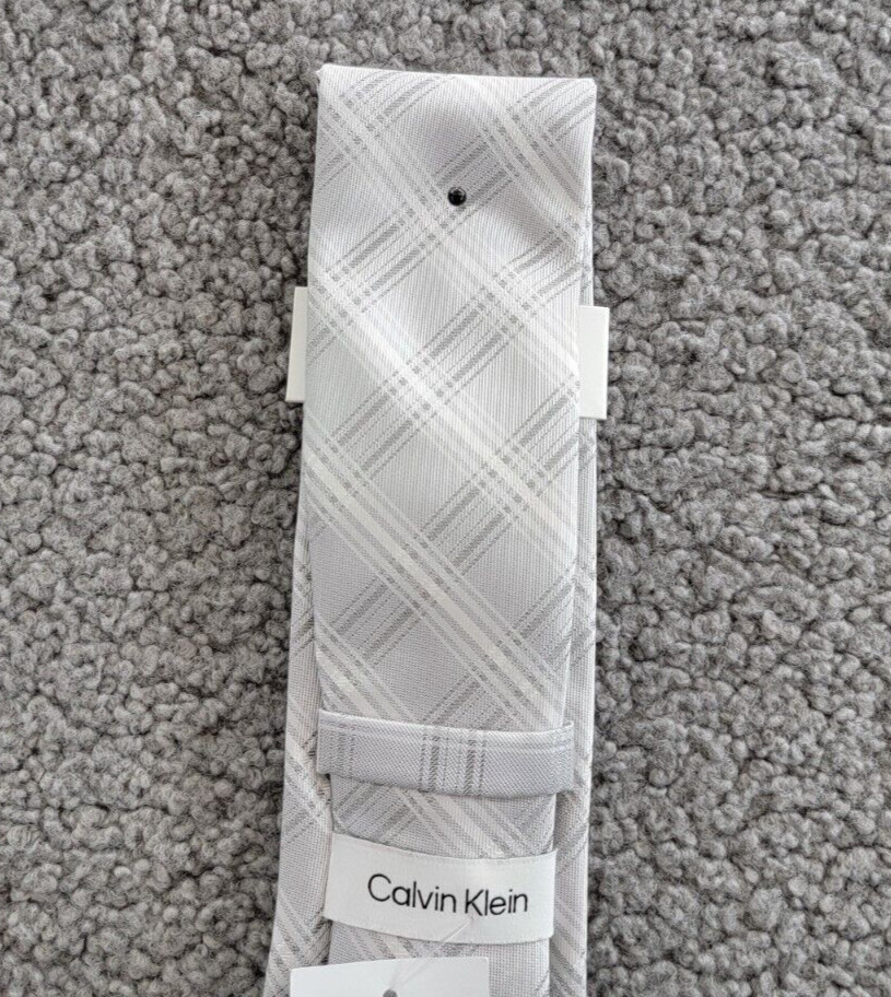 Calvin Klein Frosted Plaid Tie Men's One Size Silver Slim Design Pointed Style