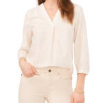 VINCE CAMUTO V-Neck Blouse Women's XS Beige Striped Quarter Sleeve Pullover
