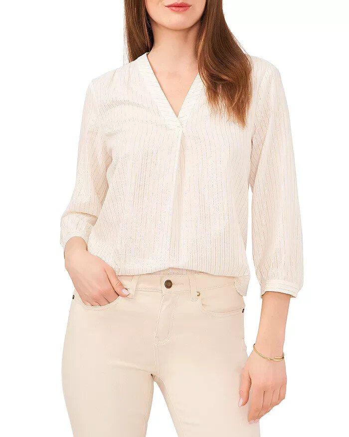VINCE CAMUTO V-Neck Blouse Women's XS Beige Striped Quarter Sleeve Pullover