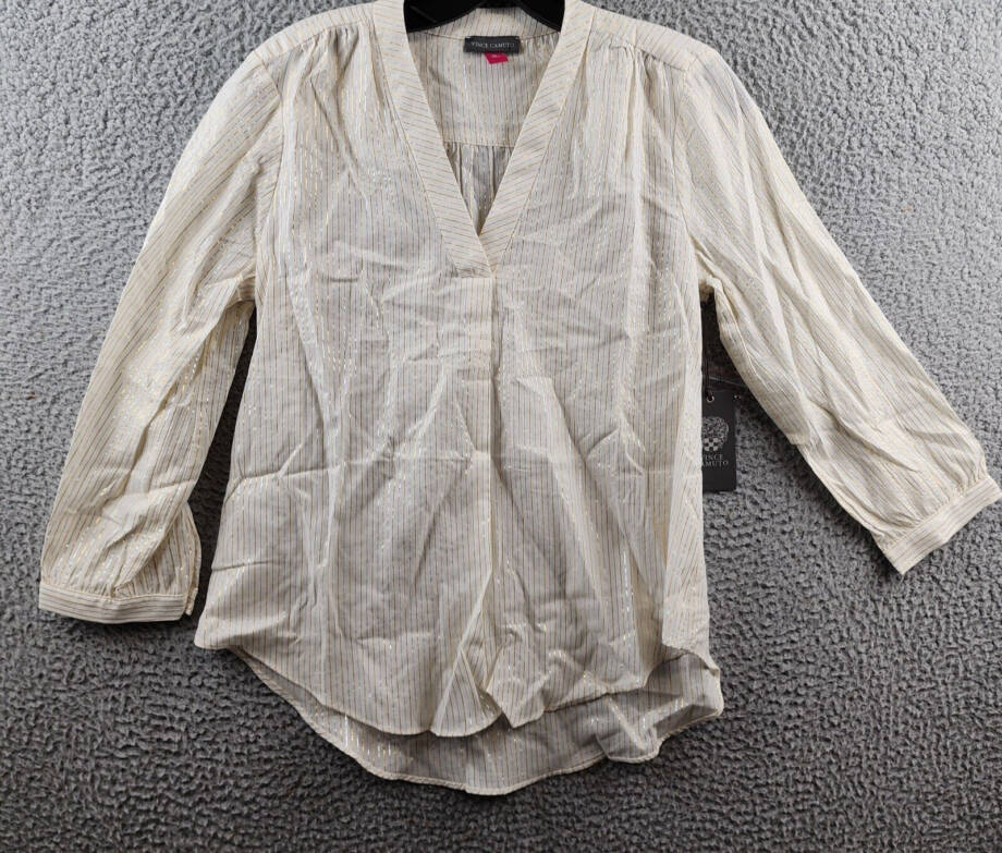 VINCE CAMUTO V-Neck Blouse Women's XS Beige Striped Quarter Sleeve Pullover