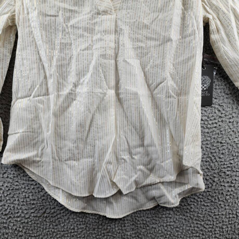 VINCE CAMUTO V-Neck Blouse Women's XS Beige Striped Quarter Sleeve Pullover
