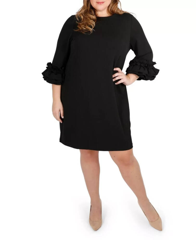 Marie Pour Toi Ruffle Cuffs Sheath Dress Women's 16 Black Round Neck Zip Closure
