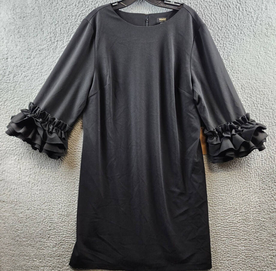 Marie Pour Toi Ruffle Cuffs Sheath Dress Women's 16 Black Round Neck Zip Closure
