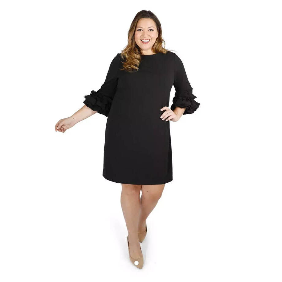Maree Pour Toi Plus Ruffle-Cuff Shift Dress Women's 23 Black Round Neck 3/4 Zip