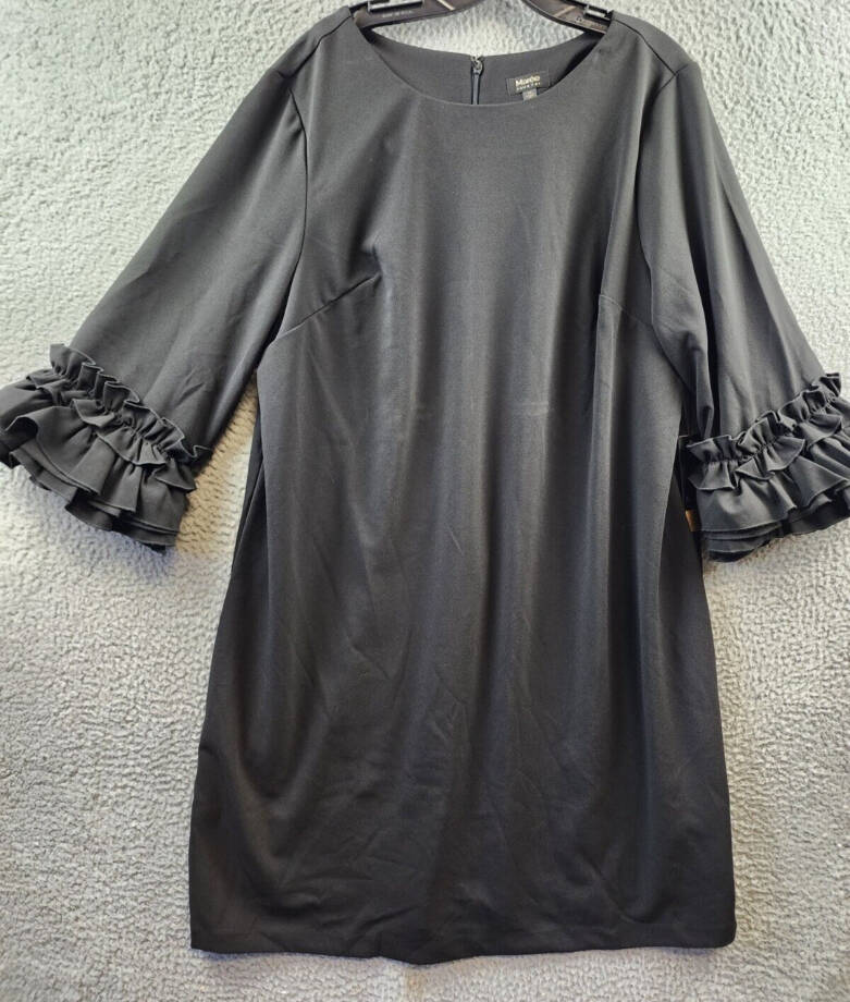 Maree Pour Toi Plus Ruffle-Cuff Shift Dress Women's 23 Black Round Neck 3/4 Zip