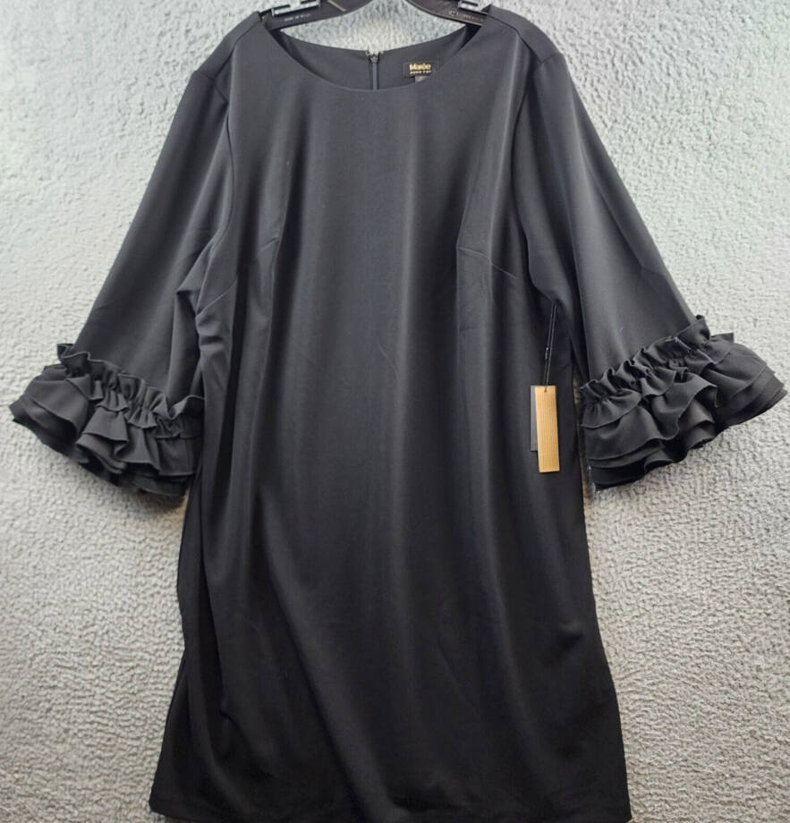 Maree Pour Toi Plus Ruffle-Cuff Shift Dress Women's 20 Black Round Neck 3/4 Zip