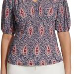 Tommy Hilfiger Print Smocked Top Womens S Midnight Paisley Pattern Short Sleeves