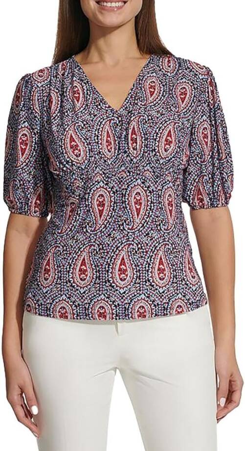 Tommy Hilfiger Print Smocked Top Womens S Midnight Paisley Pattern Short Sleeves