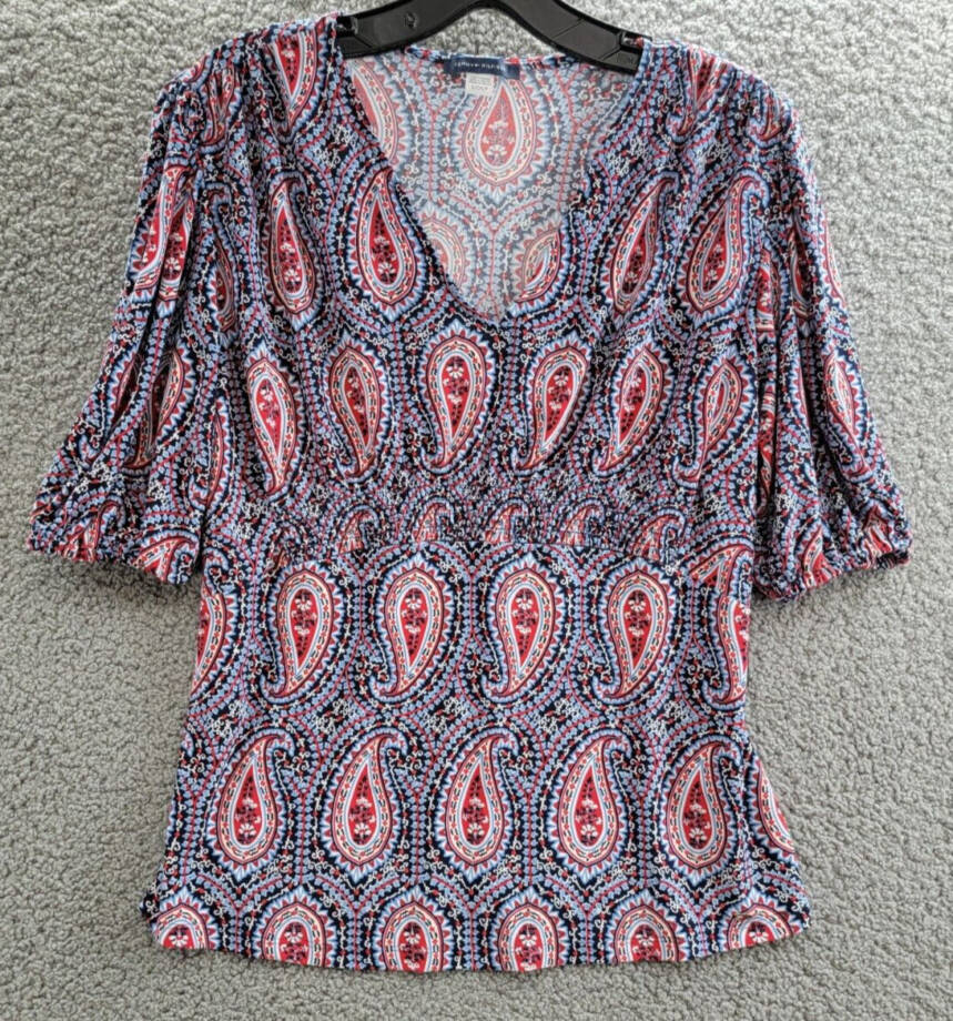 Tommy Hilfiger Print Smocked Top Womens S Midnight Paisley Pattern Short Sleeves