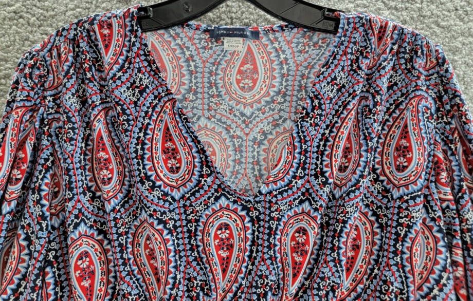Tommy Hilfiger Print Smocked Top Womens S Midnight Paisley Pattern Short Sleeves