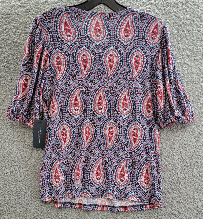 Tommy Hilfiger Print Smocked Top Womens S Midnight Paisley Pattern Short Sleeves