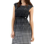 Connected Petite Dotted Cap-Sleeve Belted Sheath Dress Womens 10P Black Back Zip