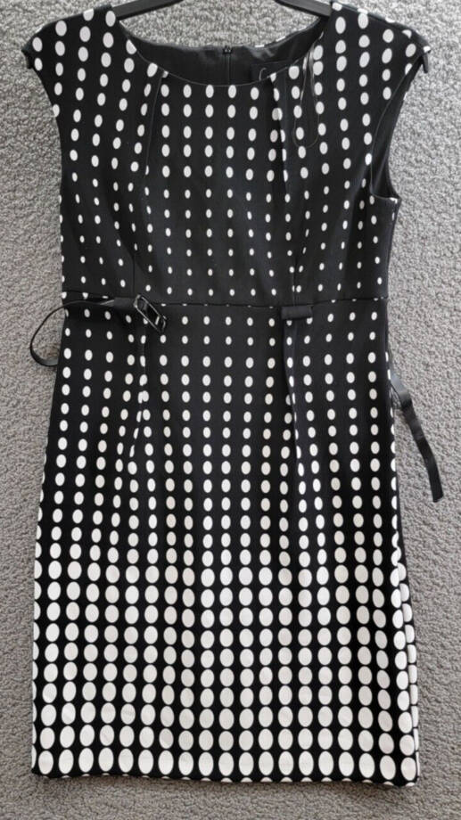 Connected Petite Dotted Cap-Sleeve Belted Sheath Dress Womens 10P Black Back Zip