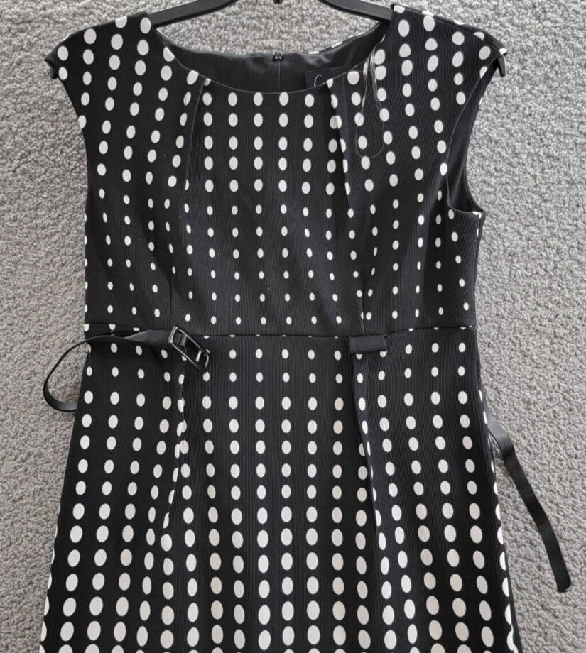 Connected Petite Dotted Cap-Sleeve Belted Sheath Dress Womens 10P Black Back Zip