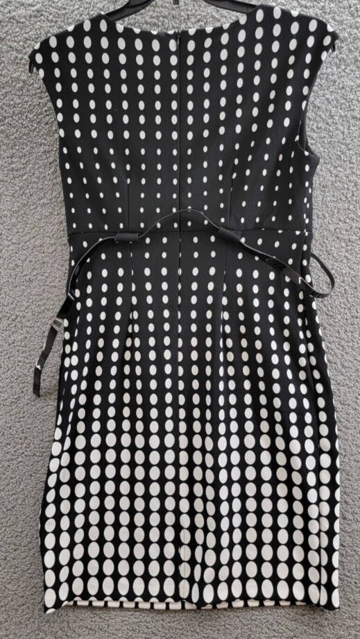 Connected Petite Dotted Cap-Sleeve Belted Sheath Dress Womens 10P Black Back Zip