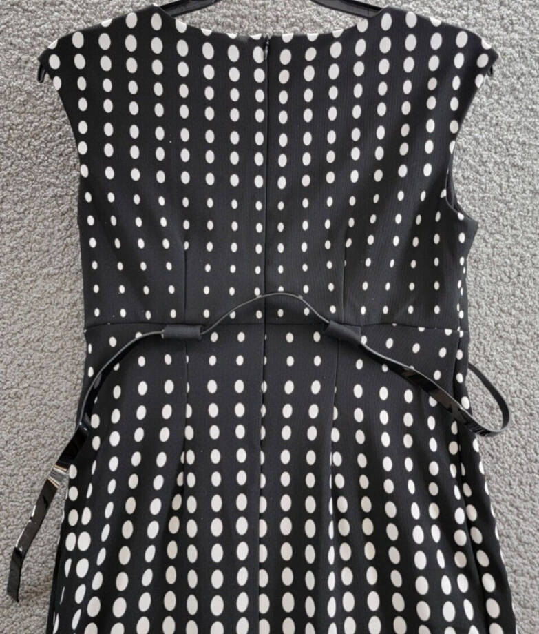 Connected Petite Dotted Cap-Sleeve Belted Sheath Dress Womens 10P Black Back Zip