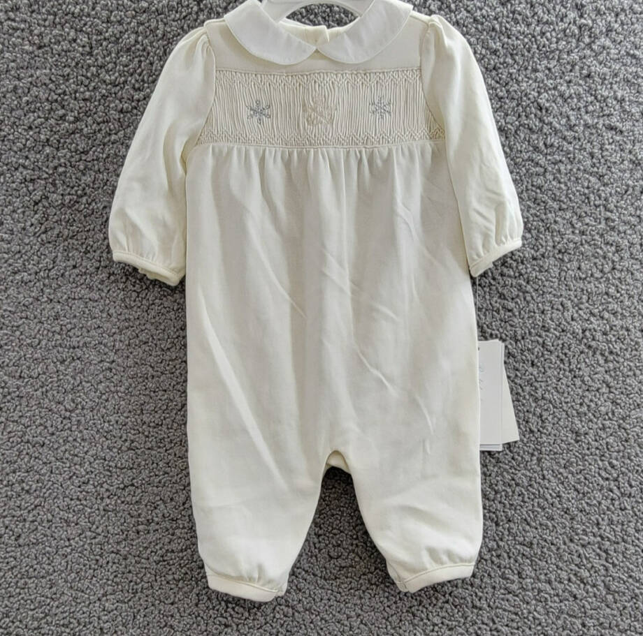 Ralph Lauren Snowflake Smocked Coveralls Baby Girls' 3M White Button Back L/S