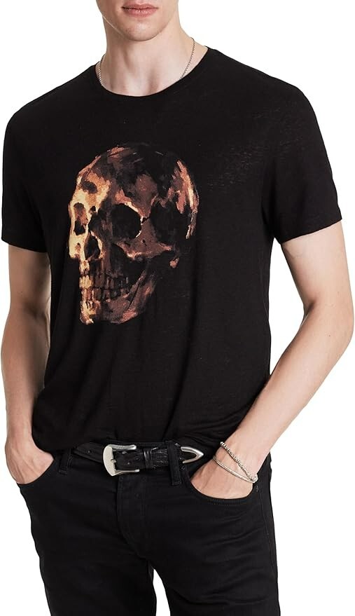 John Varvatos Oil Skull Graphic Tee Men's S Black Linen Blend Crewneck Pullover