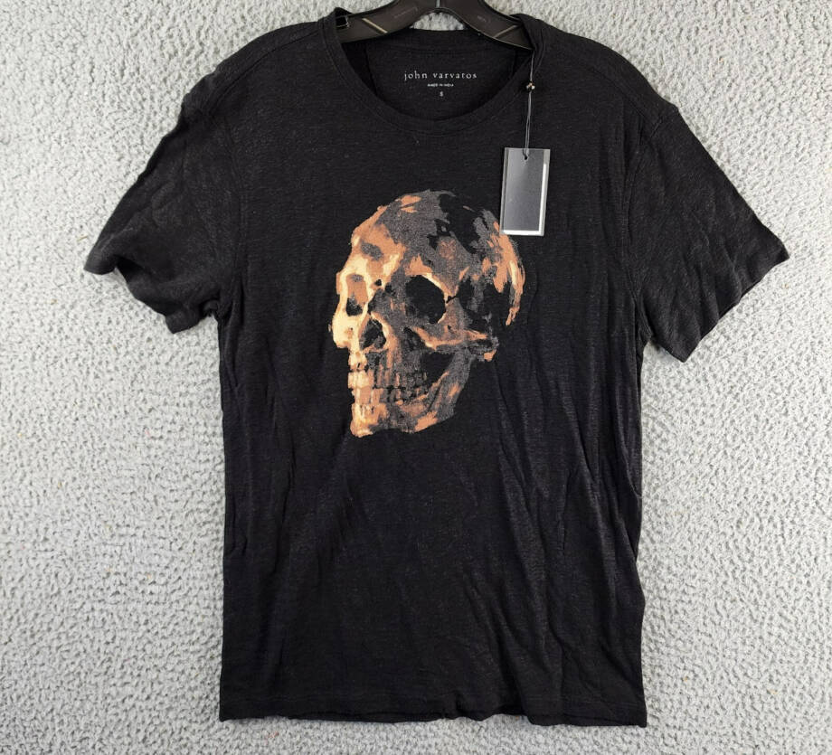 John Varvatos Oil Skull Graphic Tee Men's S Black Linen Blend Crewneck Pullover