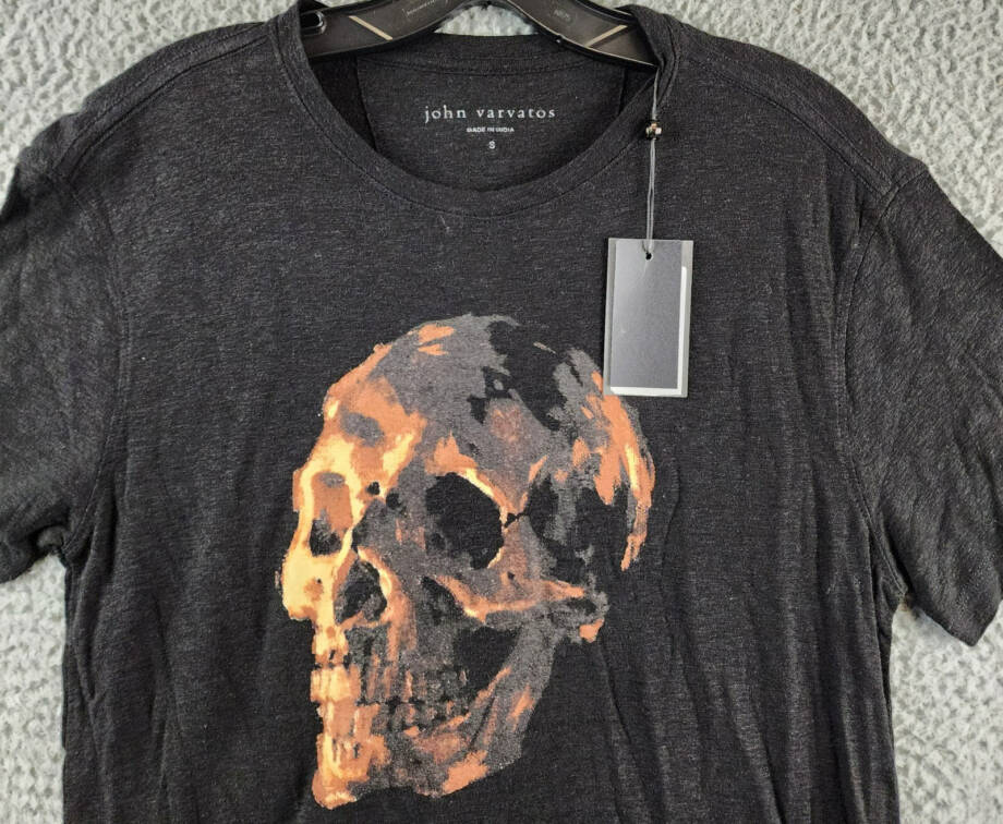 John Varvatos Oil Skull Graphic Tee Men's S Black Linen Blend Crewneck Pullover