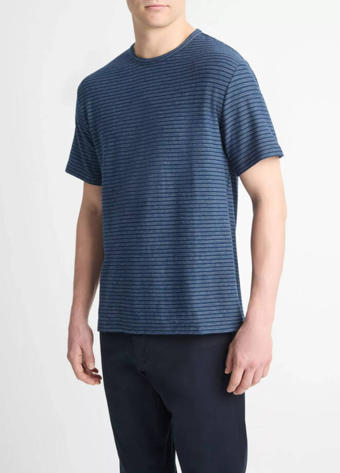 Vince Plaited Stripe Crew Neck T-Shirt Men's L Midnight Sky/Blue Short Sleeve