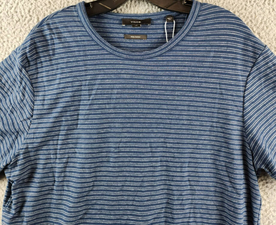 Vince Plaited Stripe Crew Neck T-Shirt Men's L Midnight Sky/Blue Short Sleeve