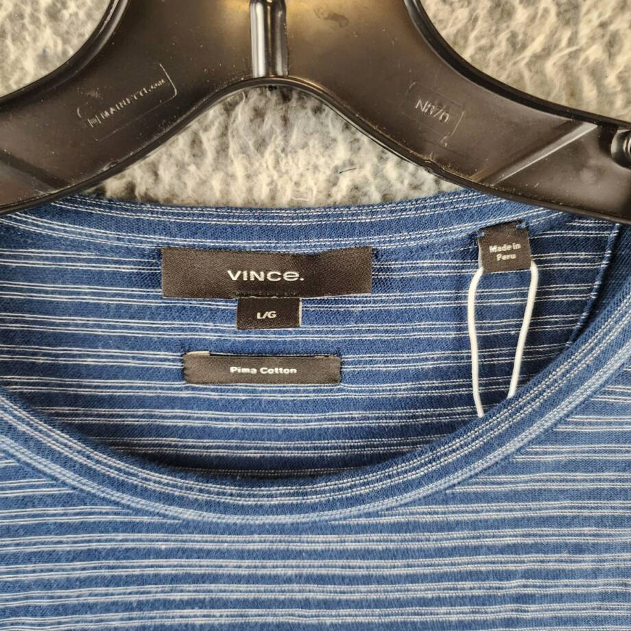 Vince Plaited Stripe Crew Neck T-Shirt Men's L Midnight Sky/Blue Short Sleeve