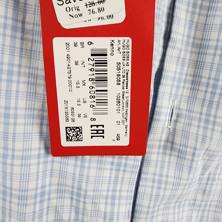 HUGO by Hugo Boss Kenno Slim-Fit Dress Shirt Men's 39 15.5 Light Pastel Blue L/S