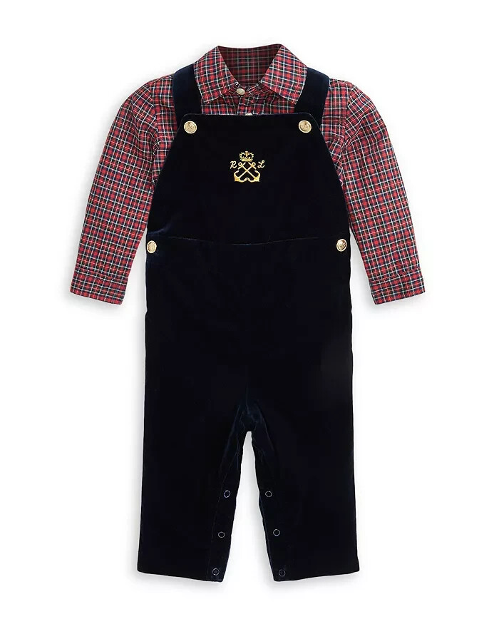 Ralph Lauren Plaid Shirt & Velvet Overall Set Baby Boys' 18M Navy Multi Snap L/S