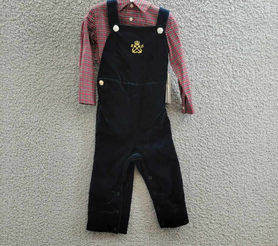 Ralph Lauren Plaid Shirt & Velvet Overall Set Baby Boys' 18M Navy Multi Snap L/S