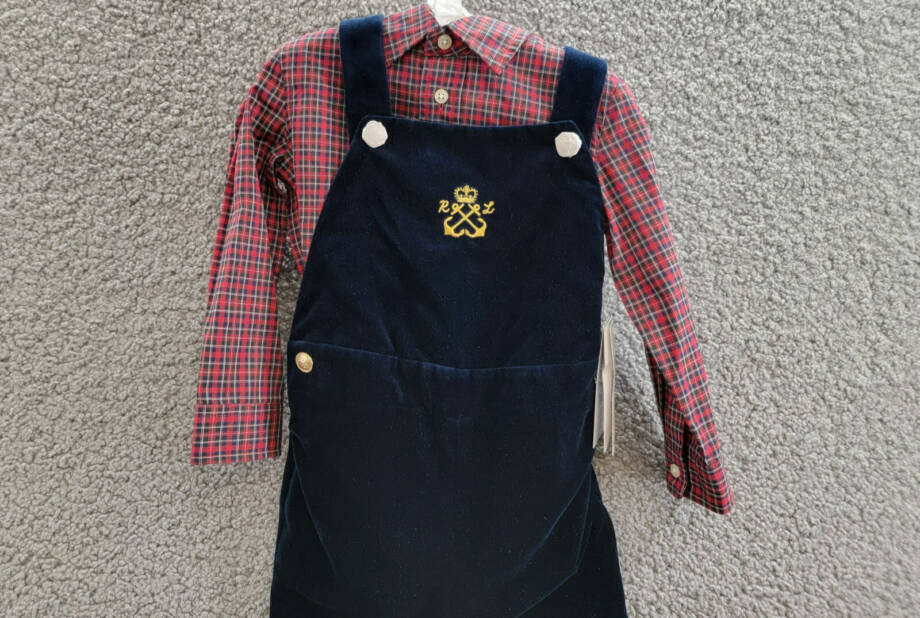 Ralph Lauren Plaid Shirt & Velvet Overall Set Baby Boys' 18M Navy Multi Snap L/S