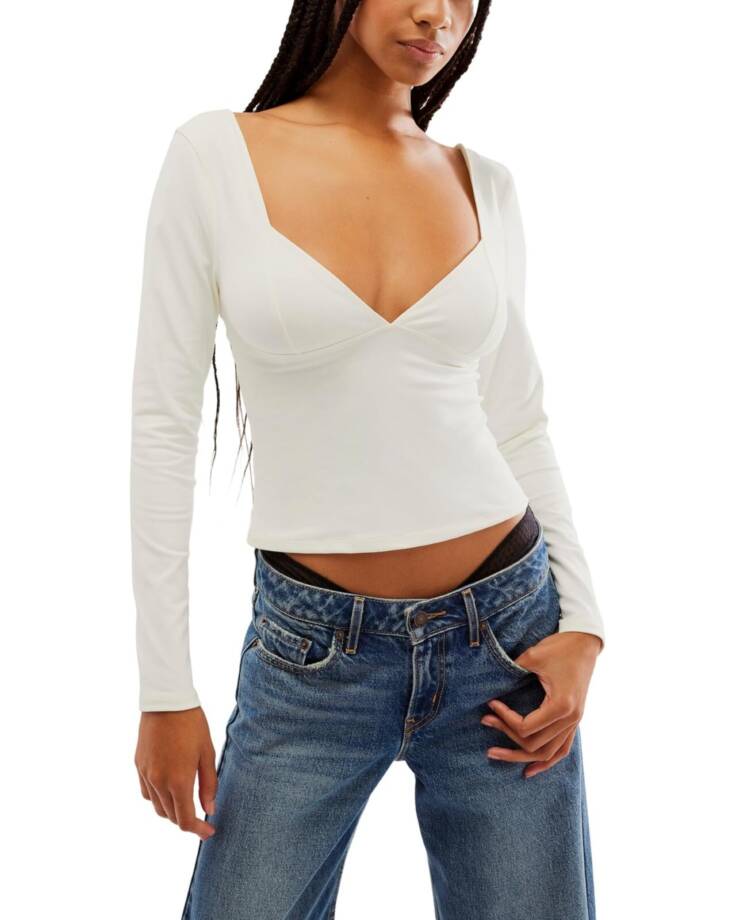 Free People Duo Corset Long Sleeve Cami Women's S Ivory Sweetheart Neck Pullover