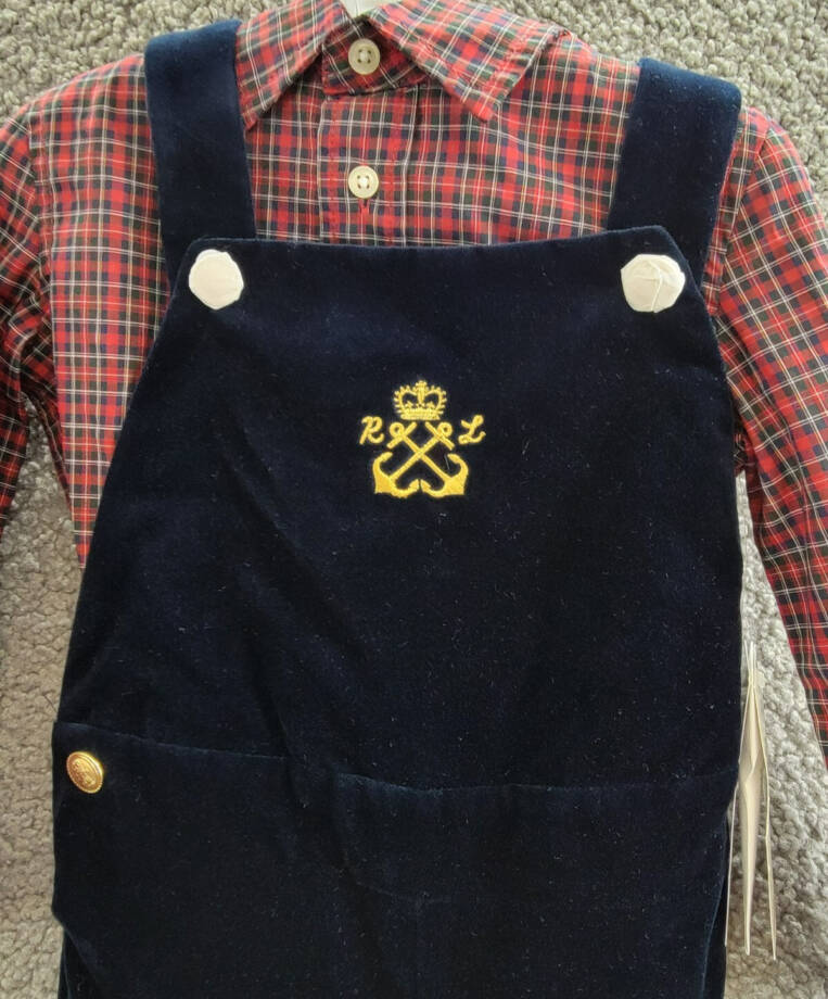 Ralph Lauren Plaid Shirt & Velvet Overall Set Baby Boys' 18M Navy Multi Snap L/S