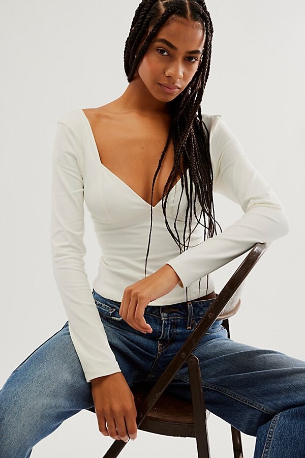 Free People Duo Corset Long Sleeve Top Women's XS Ivory Pullover