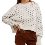 Free People Pattern Easy Street Crop Sweater Women's L White Navy Combo Pullover