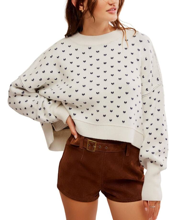 Free People Pattern Easy Street Crop Sweater Women's L White Navy Combo Pullover