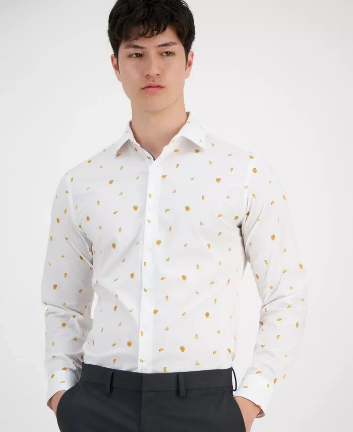 Bar III Slim-Fit Melon-Print Dress Shirt Men's S (14-14.5) White/Yellow Collared